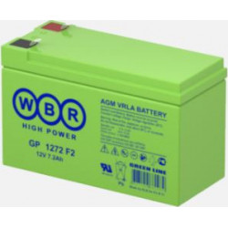 Аккумуляторная батарея WBR GP1272 F2 , Напряжение 12 В, Емкость 7.2 Aч, батарея общего применения со сроком службы до 8 лет в буферном режиме или 260 циклов заряда-разряда в циклическом режиме при 100% разряде [2]